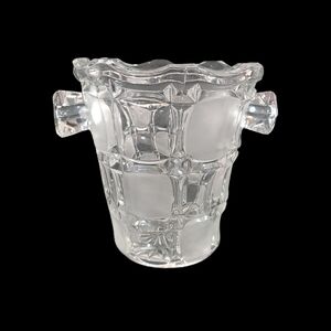 Vintage Bohemian Czech Crystal Ice Bucket With Handles Clear Glass Frosted